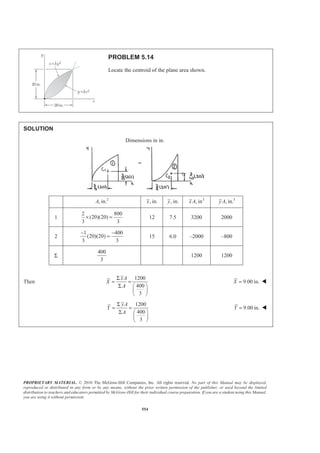 PROPRIETARY MATERIAL. © 2010 The McGraw-Hill Companies, Inc. All rights reserved. No part of this Manual may be displayed,
reproduced or distributed in any form or by any means, without the prior written permission of the publisher, or used beyond the limited
distribution to teachers and educators permitted by McGraw-Hill for their individual course preparation. If you are a student using this Manual,
you are using it without permission.
554
PROBLEM 5.14
Locate the centroid of the plane area shown.
SOLUTION
Dimensions in in.
2
, in.A , in.x , in.y 3
, inxA 3
, in.yA
1
2 800
(20)(20)
3 3
× = 12 7.5 3200 2000
2
1 400
(20)(20)
3 3
− −
= 15 6.0 –2000 –800
Σ
400
3
1200 1200
Then
1200
400
3
xA
X
A
Σ
= =
Σ § ·
¨ ¸
© ¹
9.00 in.X = W
1200
400
3
yA
Y
A
Σ
= =
Σ § ·
¨ ¸
© ¹
9.00 in.Y = W
 