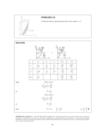 PROPRIETARY MATERIAL. © 2010 The McGraw-Hill Companies, Inc. All rights reserved. No part of this Manual may be displayed,
reproduced or distributed in any form or by any means, without the prior written permission of the publisher, or used beyond the limited
distribution to teachers and educators permitted by McGraw-Hill for their individual course preparation. If you are a student using this Manual,
you are using it without permission.
559
PROBLEM 5.18
For the area shown, determine the ratio a/b for which .x y=
SOLUTION
A x y xA yA
1
2
3
ab
3
8
a
3
5
b
2
4
a b 2
2
5
ab
2
1
2
ab−
1
3
a
2
3
b
2
6
a b
−
2
3
ab
−
Σ
1
6
ab
2
12
a b 2
15
ab
Then
2
1
6 12
X A xA
a b
X ab
Σ = Σ
§ ·
=¨ ¸
© ¹
or
2
1
2
1
6 15
X a
Y A y A
ab
Y ab
=
Σ = Σ
§ ·
=¨ ¸
© ¹
or
2
5
Y b=
Now
1 2
2 5
X Y a b= Ÿ = or
4
5
a
b
= W
 