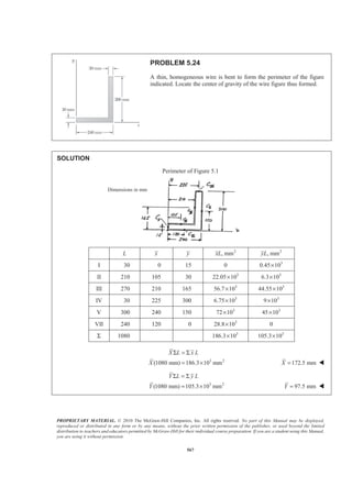PROPRIETARY MATERIAL. © 2010 The McGraw-Hill Companies, Inc. All rights reserved. No part of this Manual may be displayed,
reproduced or distributed in any form or by any means, without the prior written permission of the publisher, or used beyond the limited
distribution to teachers and educators permitted by McGraw-Hill for their individual course preparation. If you are a student using this Manual,
you are using it without permission.
567
PROBLEM 5.24
A thin, homogeneous wire is bent to form the perimeter of the figure
indicated. Locate the center of gravity of the wire figure thus formed.
SOLUTION
Perimeter of Figure 5.1
L x y 2
, mmxL 2
, mmyL
I 30 0 15 0 3
0.45 10×
II 210 105 30 3
22.05 10× 3
6.3 10×
III 270 210 165 3
56.7 10× 3
44.55 10×
IV 30 225 300 3
6.75 10× 3
9 10×
V 300 240 150 3
72 10× 3
45 10×
VII 240 120 0 3
28.8 10× 0
Σ 1080 3
186.3 10× 3
105.3 10×
3 2
(1080 mm) 186.3 10 mm
X L x L
X
Σ = Σ
= × 172.5 mmX = W
3 2
(1080 mm) 105.3 10 mm
Y L y L
Y
Σ = Σ
= × 97.5 mmY = W
Dimensions in mm
 
