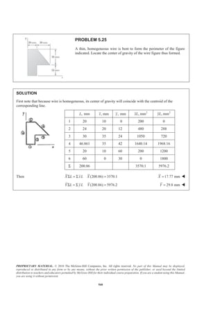 PROPRIETARY MATERIAL. © 2010 The McGraw-Hill Companies, Inc. All rights reserved. No part of this Manual may be displayed,
reproduced or distributed in any form or by any means, without the prior written permission of the publisher, or used beyond the limited
distribution to teachers and educators permitted by McGraw-Hill for their individual course preparation. If you are a student using this Manual,
you are using it without permission.
568
PROBLEM 5.25
A thin, homogeneous wire is bent to form the perimeter of the figure
indicated. Locate the center of gravity of the wire figure thus formed.
SOLUTION
First note that because wire is homogeneous, its center of gravity will coincide with the centroid of the
corresponding line.
, mmL , mmx , mmy 2
, mmxL 2
, mmyL
1 20 10 0 200 0
2 24 20 12 480 288
3 30 35 24 1050 720
4 46.861 35 42 1640.14 1968.16
5 20 10 60 200 1200
6 60 0 30 0 1800
Σ 200.86 3570.1 5976.2
Then (200.86) 3570.1X L xL XΣ = Σ = 17.77 mmX = W
(200.86) 5976.2Y L yL YΣ = Σ = 29.8 mmY = W
 