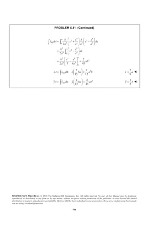PROPRIETARY MATERIAL. © 2010 The McGraw-Hill Companies, Inc. All rights reserved. No part of this Manual may be displayed,
reproduced or distributed in any form or by any means, without the prior written permission of the publisher, or used beyond the limited
distribution to teachers and educators permitted by McGraw-Hill for their individual course preparation. If you are a student using this Manual,
you are using it without permission.
575
PROBLEM 5.32
Determine the distance h for which the centroid of the shaded
area is as far above line BBƍ as possible when (a) k = 0.10,
(b) k = 0.80.
SOLUTION
A y yA
1
1
2
ba
1
3
a 21
6
a b
2
1
( )
2
kb h−
1
3
h 21
6
kbh−
Σ ( )
2
b
a kh− 2 2
( )
6
b
a kh−
Then
2 2
( ) ( )
2 6
Y A yA
b b
Y a kh a kh
Σ = Σ
ª º
− = −« »
¬ ¼
or
2 2
3( )
a kh
Y
a kh
−
=
−
(1)
and
2 2
2
1 2 ( ) ( )( )
0
3 ( )
dY kh a kh a kh k
dh a kh
− − − − −
= =
−
or 2 2
2 ( ) 0h a kh a kh− − + = (2)
Simplifying Eq. (2) yields
2 2
2 0kh ah a− + =
 