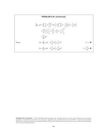 PROPRIETARY MATERIAL. © 2010 The McGraw-Hill Companies, Inc. All rights reserved. No part of this Manual may be displayed,
reproduced or distributed in any form or by any means, without the prior written permission of the publisher, or used beyond the limited
distribution to teachers and educators permitted by McGraw-Hill for their individual course preparation. If you are a student using this Manual,
you are using it without permission.
580
PROBLEM 5.35 (Continued)
21 1
:
6 12
ELxA x dA x ah a h
§ ·
= =¨ ¸
© ¹³
1
2
x a= W
21 1
:
6 15
ELyA y dA y ah ah
§ ·
= =¨ ¸
© ¹³
2
5
y h= W
 
