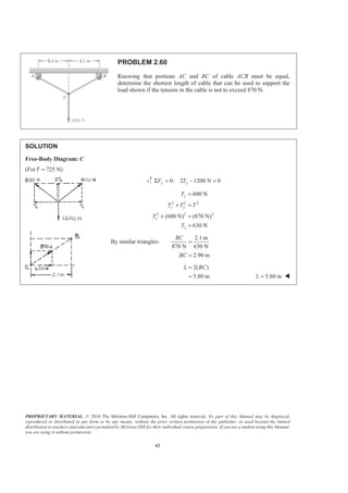 PROPRIETARY MATERIAL. © 2010 The McGraw-Hill Companies, Inc. All rights reserved. No part of this Manual may be displayed,
reproduced or distributed in any form or by any means, without the prior written permission of the publisher, or used beyond the limited
distribution to teachers and educators permitted by McGraw-Hill for their individual course preparation. If you are a student using this Manual,
you are using it without permission.
62
PROBLEM 2.60
Knowing that portions AC and BC of cable ACB must be equal,
determine the shortest length of cable that can be used to support the
load shown if the tension in the cable is not to exceed 870 N.
SOLUTION
Free-Body Diagram: C
(For 725 N)T =
0: 2 1200 N 0y yF TΣ = − =
2 2 2
2 2 2
600 N
(600 N) (870 N)
630 N
y
x y
x
x
T
T T T
T
T
=
+ =
+ =
=
By similar triangles:
2.1 m
870 N 630 N
2.90 m
BC
BC
=
=
2( )
5.80 m
L BC=
= 5.80 mL = W
 