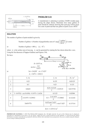 PROPRIETARY MATERIAL. © 2010 The McGraw-Hill Companies, Inc. All rights reserved. No part of this Manual may be displayed,
reproduced or distributed in any form or by any means, without the prior written permission of the publisher, or used beyond the limited
distribution to teachers and educators permitted by McGraw-Hill for their individual course preparation. If you are a student using this Manual,
you are using it without permission.
605
PROBLEM 5.51 (Continued)
Find: a so that 9
x
y
=
We have
EL
EL
x dAx xA
y yA y dA
= =
³
³
Then
( )
21 1
2 2
11
2
9
2ln a
a a
a a
− +
=
− −
or 3 2
11 18 ln 9 0a a a a a− + + + =
Using trial and error or numerical methods and ignoring the trivial solution 1in.,a = find
1.901in. and 3.74 in.a a= = W
 