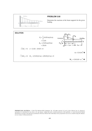 PROPRIETARY MATERIAL. © 2010 The McGraw-Hill Companies, Inc. All rights reserved. No part of this Manual may be displayed,
reproduced or distributed in any form or by any means, without the prior written permission of the publisher, or used beyond the limited
distribution to teachers and educators permitted by McGraw-Hill for their individual course preparation. If you are a student using this Manual,
you are using it without permission.
612
PROBLEM 5.58
A 3
4
-in.-diameter hole is drilled in a piece of 1-in.-thick steel; the hole
is then countersunk as shown. Determine the volume of steel removed
during the countersinking process.
SOLUTION
The required volume can be generated by rotating the area shown about the y axis. Applying the second
theorem of Pappus-Guldinus, we have
2
3 1 1 1 1 1
2 in. in. in.
8 3 4 2 4 4
V x Aπ
π
=
ª º§ · ª º
= + × × ×« »¨ ¸ « »
© ¹ ¬ ¼¬ ¼
3
0.0900 in.V = W
 
