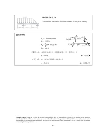 PROPRIETARY MATERIAL. © 2010 The McGraw-Hill Companies, Inc. All rights reserved. No part of this Manual may be displayed,
reproduced or distributed in any form or by any means, without the prior written permission of the publisher, or used beyond the limited
distribution to teachers and educators permitted by McGraw-Hill for their individual course preparation. If you are a student using this Manual,
you are using it without permission.
614
PROBLEM 5.60
Three different drive belt profiles are to be
studied. If at any given time each belt makes
contact with one-half of the circumference of
its pulley, determine the contact area between
the belt and the pulley for each design.
SOLUTION SOLUTION
Applying the first theorem of Pappus-Guldinus, the contact area CA of a belt
is given by:
CA yL yLπ π= = Σ
where the individual lengths are the lengths of the belt cross section that are
in contact with the pulley.
(a) 1 1 2 2[2( ) ]
0.125 0.125 in.
2 3 in. [(3 0.125)in.](0.625 in.)
2 cos20
CA y L y Lπ
π
= +
­ ½ª º° °§ · ª º
= − + −® ¾« »¨ ¸ « »°© ¹ ¬ ¼° °¬ ¼¯ ¿
or 2
8.10 in.CA = W
(b) 1 1[2( )]
0.375 0.375 in.
2 3 0.08 in.
2 cos20
CA y Lπ
π
=
ª º§ · § ·
= − −« »¨ ¸ ¨ ¸°© ¹ © ¹¬ ¼
or 2
6.85 in.CA = W
(c) 1 1[2( )]
2(0.25)
3 in. [ (0.25 in.)]
CA y Lπ
π π
π
=
ª º§ ·
= −« »¨ ¸
© ¹¬ ¼
or 2
7.01in.CA = W
 