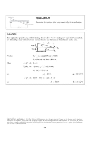 PROPRIETARY MATERIAL. © 2010 The McGraw-Hill Companies, Inc. All rights reserved. No part of this Manual may be displayed,
reproduced or distributed in any form or by any means, without the prior written permission of the publisher, or used beyond the limited
distribution to teachers and educators permitted by McGraw-Hill for their individual course preparation. If you are a student using this Manual,
you are using it without permission.
615
PROBLEM 5.61
The aluminum shade for the small high-intensity lamp shown has a uniform thickness of 1 mm. Knowing that
the density of aluminum is 2800 kg/m3
, determine the mass of the shade.
SOLUTION
The mass of the lamp shade is given by
m V Atρ ρ= =
Where A is the surface area and t is the thickness of the shade. The area can be generated by rotating the line
shown about the x axis. Applying the first theorem of Pappus Guldinus we have
1 1 2 2 3 3 4 4
2 2
2 ( )
A yL yL
y L y L y L y L
π π
π
= = Σ
= + + +
or 2 2
2 2
2 2
2
13 mm 13 16
2 (13 mm) mm (32 mm) (3 mm)
2 2
16 28
mm (8 mm) (12 mm)
2
28 33
mm (28 mm) (5 mm)
2
2 (84.5 466.03 317.29 867.51)
10903.4 mm
A π
π
ª +§ ·
= + × +« ¨ ¸
© ¹¬
+§ ·
+ × +¨ ¸
© ¹
º+§ ·
+ × + »¨ ¸
© ¹ ¼
= + + +
=
Then
3 3 2
(2800 kg/m )(10.9034 10 m )(0.001 m)
m Atρ
−
=
= ×
or 0.0305 kgm = W
 
