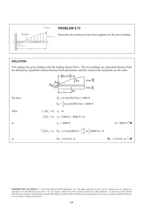 PROPRIETARY MATERIAL. © 2010 The McGraw-Hill Companies, Inc. All rights reserved. No part of this Manual may be displayed,
reproduced or distributed in any form or by any means, without the prior written permission of the publisher, or used beyond the limited
distribution to teachers and educators permitted by McGraw-Hill for their individual course preparation. If you are a student using this Manual,
you are using it without permission.
617
PROBLEM 5.62 (Continued)
Then
3
3
3 6 3
2
2 (3599.7 mm )
22618 mm
(density)
(8470 kg/m )(22.618 10 m )
V yA
m V
π
π
−
= Σ
=
=
=
= ×
0.191574 kg= or 0.1916 kgm = W
 