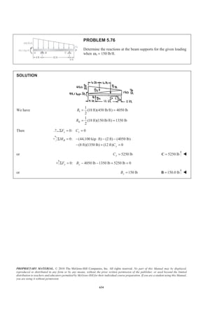 PROPRIETARY MATERIAL. © 2010 The McGraw-Hill Companies, Inc. All rights reserved. No part of this Manual may be displayed,
reproduced or distributed in any form or by any means, without the prior written permission of the publisher, or used beyond the limited
distribution to teachers and educators permitted by McGraw-Hill for their individual course preparation. If you are a student using this Manual,
you are using it without permission.
621
PROBLEM 5.64 (Continued)
Then 3
3
2 (0.167252 in. )
1.05088 in.
pegV π=
=
Now 2
2
3
(diameter) (length)
4
(1 in.) (4in.)
4
3.14159 in.
dowelV
π
π
=
=
=
Then % Waste 100%
100%
waste
dowel
dowel peg
dowel
V
V
V V
V
= ×
−
= ×
1.05088
1 100%
3.14159
§ ·
= − ×¨ ¸
© ¹
or % Waste 66.5%= W
 