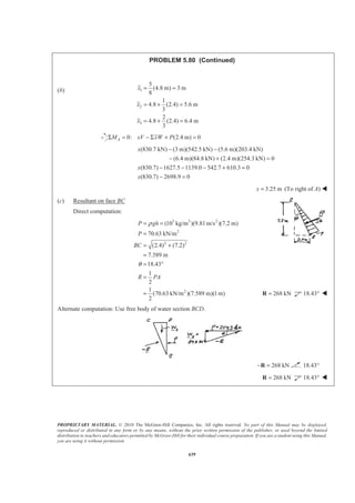 PROPRIETARY MATERIAL. © 2010 The McGraw-Hill Companies, Inc. All rights reserved. No part of this Manual may be displayed,
reproduced or distributed in any form or by any means, without the prior written permission of the publisher, or used beyond the limited
distribution to teachers and educators permitted by McGraw-Hill for their individual course preparation. If you are a student using this Manual,
you are using it without permission.
626
PROBLEM 5.69
Determine the reactions at the beam supports for the given
loading.
SOLUTION
We have ( )
( )
( )
I
II
III
1
(3ft) 480 lb/ft 720 lb
2
1
(6 ft) 600 lb/ft 1800 lb
2
(2ft) 600 lb/ft 1200 lb
R
R
R
= =
= =
= =
Then 0: 0x xF BΣ = =
0: (2 ft)(720 lb) (4 ft)(1800 lb)+(6 ft) (7 ft)(1200 lb) 0B yM CΣ = − − =
or 2360 lbyC = 2360 lb=C W
0: 720 lb 1800 lb 2360 lb 1200 lb 0y yF BΣ = − + − + − =
or 1360 lbyB = 1360 lb=B W
 
