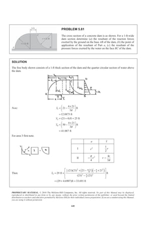 PROPRIETARY MATERIAL. © 2010 The McGraw-Hill Companies, Inc. All rights reserved. No part of this Manual may be displayed,
reproduced or distributed in any form or by any means, without the prior written permission of the publisher, or used beyond the limited
distribution to teachers and educators permitted by McGraw-Hill for their individual course preparation. If you are a student using this Manual,
you are using it without permission.
627
PROBLEM 5.70
Determine the reactions at the beam supports for the given loading.
SOLUTION
I
I
II
II
(200 lb/ft)(15 ft)
3000 lb
1
(200 lb/ft)(6 ft)
2
600 lb
R
R
R
R
=
=
=
=
0: (3000 lb)(1.5 ft) (600 lb)(9 ft 2ft) (15 ft) 0AM BΣ = − − + + =
740 lbB = 740 lb=B W
0: 740 lb 3000 lb 600 lb 0yF AΣ = + − − =
2860 lbA = 2860 lb=A W
 