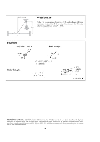 PROPRIETARY MATERIAL. © 2010 The McGraw-Hill Companies, Inc. All rights reserved. No part of this Manual may be displayed,
reproduced or distributed in any form or by any means, without the prior written permission of the publisher, or used beyond the limited
distribution to teachers and educators permitted by McGraw-Hill for their individual course preparation. If you are a student using this Manual,
you are using it without permission.
66
PROBLEM 2.64
Collar A is connected as shown to a 50-lb load and can slide on a
frictionless horizontal rod. Determine the distance x for which the
collar is in equilibrium when P = 48 lb.
SOLUTION
Free Body: Collar A Force Triangle
2 2 2
(50) (48) 196
14.00 lb
N
N
= − =
=
Similar Triangles
48 lb
20 in. 14 lb
x
=
68.6 in.x = W
 