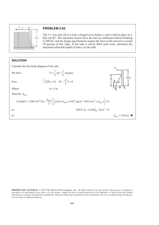 PROPRIETARY MATERIAL. © 2010 The McGraw-Hill Companies, Inc. All rights reserved. No part of this Manual may be displayed,
reproduced or distributed in any form or by any means, without the prior written permission of the publisher, or used beyond the limited
distribution to teachers and educators permitted by McGraw-Hill for their individual course preparation. If you are a student using this Manual,
you are using it without permission.
629
PROBLEM 5.72
Determine the reactions at the beam supports for the given
loading.
SOLUTION
We have I
II
1
(12 ft)(200 lb/ft) 800 lb
3
1
(6 ft)(100 lb/ft) 200 lb
3
R
R
= =
= =
Then 0: 0x xF AΣ = =
0: 800 lb 200 lb 0y yF AΣ = − − =
or 1000 lbyA = 1000 lb=A W
0: (3 ft)(800 lb) (16.5 ft)(200 lb) 0A AM MΣ = − − =
or 5700 lb ftAM = ⋅ 5700 lb ftA = ⋅M W
 