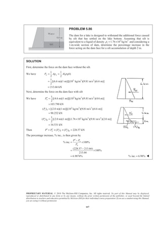 PROPRIETARY MATERIAL. © 2010 The McGraw-Hill Companies, Inc. All rights reserved. No part of this Manual may be displayed,
reproduced or distributed in any form or by any means, without the prior written permission of the publisher, or used beyond the limited
distribution to teachers and educators permitted by McGraw-Hill for their individual course preparation. If you are a student using this Manual,
you are using it without permission.
634
PROBLEM 5.76
Determine the reactions at the beam supports for the given loading
when ω0 = 150 lb/ft.
SOLUTION
We have I
II
1
(18 ft)(450 lb/ft) 4050 lb
2
1
(18 ft)(150 lb/ft) 1350 lb
2
R
R
= =
= =
Then 0: 0x xF CΣ = =
0: (44,100 kip ft) (2 ft) (4050 lb)
(8 ft)(1350 lb) (12 ft) 0
B
y
M
C
Σ = − ⋅ − −
− + =
or 5250 lbyC = 5250 lb=C W
0: 4050 lb 1350 lb 5250 lb 0y yF BΣ = − − + =
or 150 lbyB = 150.0 lb=B W
 