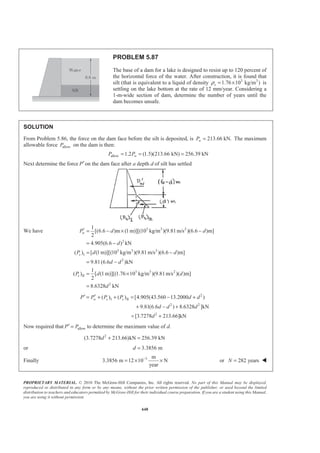 PROPRIETARY MATERIAL. © 2010 The McGraw-Hill Companies, Inc. All rights reserved. No part of this Manual may be displayed,
reproduced or distributed in any form or by any means, without the prior written permission of the publisher, or used beyond the limited
distribution to teachers and educators permitted by McGraw-Hill for their individual course preparation. If you are a student using this Manual,
you are using it without permission.
635
PROBLEM 5.77
Determine (a) the distributed load ω0 at the end D of the
beam ABCD for which the reaction at B is zero, (b) the
corresponding reaction at C.
SOLUTION
(a)
We have I
II 0 0
1
(18 ft)(450 lb/ft) 4050 lb
2
1
(18 ft)( lb/ft) 9 lb
2
R
R ω ω
= =
= =
Then 00: (44,100 lb ft) (10 ft)(4050 lb) (4 ft)(9 lb) 0CM ωΣ = − ⋅ + + =
or 0 100.0 lb/ftω = W
(b) 0: 0x xF CΣ = =
0: 4050 lb (9 100)lb 0y yF CΣ = − − × + =
or 4950 lbyC = 4950 lb=C W
 