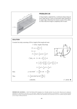 PROPRIETARY MATERIAL. © 2010 The McGraw-Hill Companies, Inc. All rights reserved. No part of this Manual may be displayed,
reproduced or distributed in any form or by any means, without the prior written permission of the publisher, or used beyond the limited
distribution to teachers and educators permitted by McGraw-Hill for their individual course preparation. If you are a student using this Manual,
you are using it without permission.
638
PROBLEM 5.80
The cross section of a concrete dam is as shown. For a 1-m-wide
dam section determine (a) the resultant of the reaction forces
exerted by the ground on the base AB of the dam, (b) the point of
application of the resultant of Part a, (c) the resultant of the
pressure forces exerted by the water on the face BC of the dam.
SOLUTION
(a) Consider free body made of dam and triangular section of water shown. (Thickness = 1 m)
3 3 2
(7.2m)(10 kg/m )(9.81m/s )=p
3 3 2
1
3 3 2
2
3 3 2
3
3 3 2
2
(4.8 m)(7.2 m)(1m)(2.4 10 kg/m )(9.81m/s )
3
542.5 kN
1
(2.4 m)(7.2 m)(1 m)(2.4 10 kg/m )(9.81m/s )
2
203.4 kN
1
(2.4 m)(7.2 m)(1 m)(10 kg/m )(9.81m/s )
2
84.8 kN
1 1
(7.2 m)(1m)(7.2 m)(10 kg/m )(9.81 m/s )
2 2
= ×
=
= ×
=
=
=
= =
=
W
W
W
P Ap
254.3 kN
0: 254.3 kN 0xF HΣ = − = 254 kN=H W
0: 542.5 203.4 84.8 0yF VΣ = − − − =
830.7 kNV = 831kN=V W
 