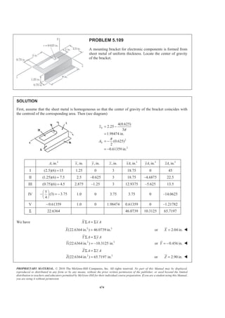 PROPRIETARY MATERIAL. © 2010 The McGraw-Hill Companies, Inc. All rights reserved. No part of this Manual may be displayed,
reproduced or distributed in any form or by any means, without the prior written permission of the publisher, or used beyond the limited
distribution to teachers and educators permitted by McGraw-Hill for their individual course preparation. If you are a student using this Manual,
you are using it without permission.
661
PROBLEM 5.97
Determine the y coordinate of the centroid of the body shown.
SOLUTION
First note that the values of Y will be the same for the given body and the body shown below. Then
V y yV
Cone 21
3
a hπ
1
4
h− 2 21
12
a hπ−
Cylinder
2
21
2 4
a
b a bπ π
§ ·
− = −¨ ¸
© ¹
1
2
b− 2 21
8
a bπ
Σ
2
(4 3 )
12
a h b
π
− 2 2 2
(2 3 )
24
a h b
π
− −
We have Σ = ΣY V yV
Then 2 2 2 2
(4 3 ) (2 3 )
12 24
Y a h b a h b
π πª º
− = − −« »
¬ ¼
or
2 2
2 3
2(4 3 )
h b
Y
h b
−
= −
−
W
 