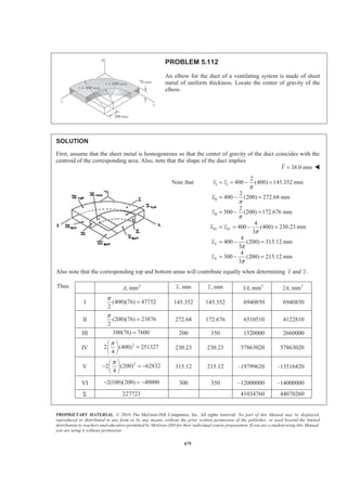 PROPRIETARY MATERIAL. © 2010 The McGraw-Hill Companies, Inc. All rights reserved. No part of this Manual may be displayed,
reproduced or distributed in any form or by any means, without the prior written permission of the publisher, or used beyond the limited
distribution to teachers and educators permitted by McGraw-Hill for their individual course preparation. If you are a student using this Manual,
you are using it without permission.
666
PROBLEM 5.101
For the stop bracket shown, locate the z coordinate of the center of
gravity.
SOLUTION
Assume that the bracket is homogeneous so that it center of gravity coincides with the centroid of the volume.
3
, mmV , mmz 4
, mmzV
1 (100)(88)(12) 105600= 6 633600
2 (100)(12)(88) 105600=
1
12 (88) 56
2
+ = 5913600
3
1
(62)(51)(10) 15810
2
=
1
12 (51) 29
3
+ = 458490
4
1
(66)(45)(12) 17820
2
− = −
2
55 (45) 85
3
+ = 1514700−
Σ 209190 5491000
Then
5491000
mm
209190
zV
Z
V
Σ
= =
Σ
or 26.2 mmZ = W
 