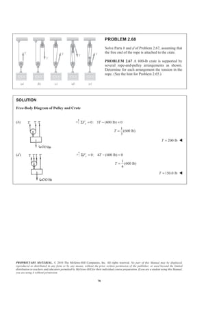 PROPRIETARY MATERIAL. © 2010 The McGraw-Hill Companies, Inc. All rights reserved. No part of this Manual may be displayed,
reproduced or distributed in any form or by any means, without the prior written permission of the publisher, or used beyond the limited
distribution to teachers and educators permitted by McGraw-Hill for their individual course preparation. If you are a student using this Manual,
you are using it without permission.
70
PROBLEM 2.68
Solve Parts b and d of Problem 2.67, assuming that
the free end of the rope is attached to the crate.
PROBLEM 2.67 A 600-lb crate is supported by
several rope-and-pulley arrangements as shown.
Determine for each arrangement the tension in the
rope. (See the hint for Problem 2.65.)
SOLUTION
Free-Body Diagram of Pulley and Crate
(b) 0: 3 (600 lb) 0
1
(600 lb)
3
yF T
T
Σ = − =
=
200 lbT = W
(d) 0: 4 (600 lb) 0
1
(600 lb)
4
yF T
T
Σ = − =
=
150.0 lbT = W
 