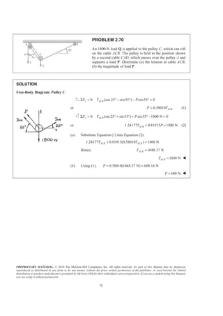 PROPRIETARY MATERIAL. © 2010 The McGraw-Hill Companies, Inc. All rights reserved. No part of this Manual may be displayed,
reproduced or distributed in any form or by any means, without the prior written permission of the publisher, or used beyond the limited
distribution to teachers and educators permitted by McGraw-Hill for their individual course preparation. If you are a student using this Manual,
you are using it without permission.
72
PROBLEM 2.70
An 1800-N load Q is applied to the pulley C, which can roll
on the cable ACB. The pulley is held in the position shown
by a second cable CAD, which passes over the pulley A and
supports a load P. Determine (a) the tension in cable ACB,
(b) the magnitude of load P.
SOLUTION
Free-Body Diagram: Pulley C
0: (cos25 cos55 ) cos55 0x ACBF T PΣ = ° − ° − ° =
or 0.58010 ACBP T= (1)
0: (sin 25 sin55 ) sin55 1800 N 0y ACBF T PΣ = ° + ° + ° − =
or 1.24177 0.81915 1800 NACBT P+ = (2)
(a) Substitute Equation (1) into Equation (2):
1.24177 0.81915(0.58010 ) 1800 NACB ACBT T+ =
Hence: 1048.37 NACBT =
1048 NACBT = W
(b) Using (1), 0.58010(1048.37 N) 608.16 NP = =
608 NP = W
 