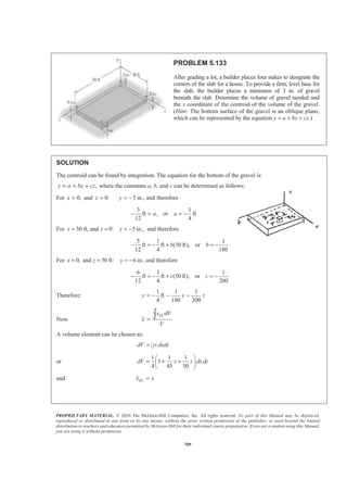 PROPRIETARY MATERIAL. © 2010 The McGraw-Hill Companies, Inc. All rights reserved. No part of this Manual may be displayed,
reproduced or distributed in any form or by any means, without the prior written permission of the publisher, or used beyond the limited
distribution to teachers and educators permitted by McGraw-Hill for their individual course preparation. If you are a student using this Manual,
you are using it without permission.
696
PROBLEM 5.124 (Continued)
and
( ) ( )
2 2 2 3
2 /2
/2
2 3
2 2 3
2 2
2 2
( )
2 3
( ) ( )
2 3 2 3
1
12
h
h
EL
h
h
h h
a a x x
x dV x h x dx h
h h
a h h
h h
h
a h
π π
π
π
ª º ª º
= − = −« » « »
¬ ¼ ¬ ¼
­ ½ª ºª º° °« »= − − −® ¾« »
« »¬ ¼° °¬ ¼¯ ¿
=
³ ³
Now 2 2 2
2 2 2
2
1 1
:
8 12
ELx V x dV x a h a hπ π
§ ·
= =¨ ¸
© ¹³ 2
2
or
3
x h= W
 