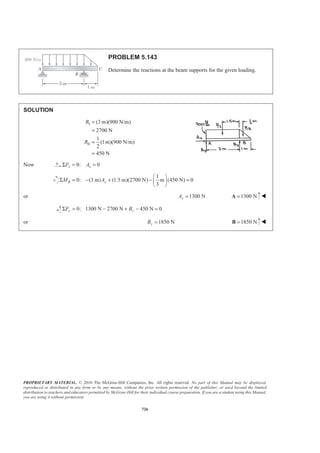 PROPRIETARY MATERIAL. © 2010 The McGraw-Hill Companies, Inc. All rights reserved. No part of this Manual may be displayed,
reproduced or distributed in any form or by any means, without the prior written permission of the publisher, or used beyond the limited
distribution to teachers and educators permitted by McGraw-Hill for their individual course preparation. If you are a student using this Manual,
you are using it without permission.
713
PROBLEM 5.135
Locate the centroid of the section shown, which was cut from a thin circular
pipe by two oblique planes.
SOLUTION
First note that symmetry implies 0x = W
Assume that the pipe has a uniform wall thickness t and choose as the element of volume A vertical strip of
width adθ and height 2 1( ).y y− Then
2 1 1 2
1
( ) , ( )
2
EL ELdV y y tad y y y z zθ= − = + =
Now 3
1
2 6
= +
h
h
y z
a
2
3
2
2
2 3
= − +
h
y z h
a
( )
6
= +
h
z a
a
( 2 )
3
= − +
h
z a
a
and cosz a θ=
Then 2 1( ) ( cos 2 ) ( cos )
3 6
(1 cos )
2
h h
y y a a a a
a a
h
θ θ
θ
− = − + − +
= −
and 1 2( ) ( cos ) ( cos 2 )
6 3
(5 cos )
6
(1 cos ) (5 cos ), cos
2 12
θ θ
θ
θ θ θ θ
+ = + + − +
= −
= − = − =EL EL
h h
y y a a a a
a a
h
aht h
dV d y z a
 