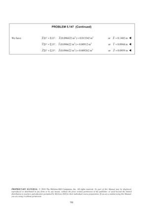 PROPRIETARY MATERIAL. © 2010 The McGraw-Hill Companies, Inc. All rights reserved. No part of this Manual may be displayed,
reproduced or distributed in any form or by any means, without the prior written permission of the publisher, or used beyond the limited
distribution to teachers and educators permitted by McGraw-Hill for their individual course preparation. If you are a student using this Manual,
you are using it without permission.
719
PROBLEM 5.138
Locate the centroid of the plane area shown.
SOLUTION
Dimensions in in.
2
, in.A , in.x , in.y 3
, in.xA 3
, in.yA
1
2
(4)(8) 21.333
3
= 4.8 1.5 102.398 32.000
2
1
(4)(8) 16.0000
2
− = − 5.3333 1.33333 85.333 −21.333
Σ 5.3333 17.0650 10.6670
Then X A xAΣ = Σ
2 3
(5.3333 in. ) 17.0650 in.X = or 3.20 in.X = W
and Y A yAΣ = Σ
2 3
(5.3333 in. ) 10.6670 in.Y = or 2.00 in.Y = W
 