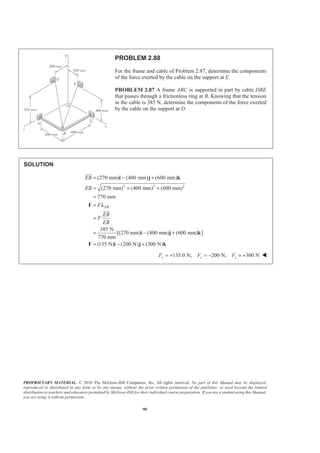 PROPRIETARY MATERIAL. © 2010 The McGraw-Hill Companies, Inc. All rights reserved. No part of this Manual may be displayed,
reproduced or distributed in any form or by any means, without the prior written permission of the publisher, or used beyond the limited
distribution to teachers and educators permitted by McGraw-Hill for their individual course preparation. If you are a student using this Manual,
you are using it without permission.
90
PROBLEM 2.88
For the frame and cable of Problem 2.87, determine the components
of the force exerted by the cable on the support at E.
PROBLEM 2.87 A frame ABC is supported in part by cable DBE
that passes through a frictionless ring at B. Knowing that the tension
in the cable is 385 N, determine the components of the force exerted
by the cable on the support at D.
SOLUTION
2 2 2
(270 mm) (400 mm) (600 mm)
(270 mm) (400 mm) (600 mm)
770 mm
385 N
[(270 mm) (400 mm) (600 mm) ]
770 mm
(135 N) (200 N) (300 N)
EB
EB
EB
F
EB
F
EB
= − +
= + +
=
=
=
= − +
= − +
i j k
F Ȝ
i j k
F i j k
JJJG
JJJG
135.0 N, 200 N, 300 Nx y zF F F= + = − = + W
 
