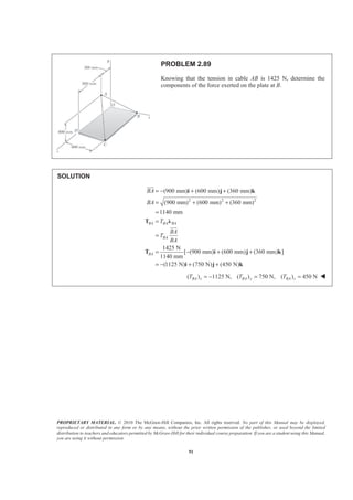 PROPRIETARY MATERIAL. © 2010 The McGraw-Hill Companies, Inc. All rights reserved. No part of this Manual may be displayed,
reproduced or distributed in any form or by any means, without the prior written permission of the publisher, or used beyond the limited
distribution to teachers and educators permitted by McGraw-Hill for their individual course preparation. If you are a student using this Manual,
you are using it without permission.
91
PROBLEM 2.89
Knowing that the tension in cable AB is 1425 N, determine the
components of the force exerted on the plate at B.
SOLUTION
2 2 2
(900 mm) (600 mm) (360 mm)
(900 mm) (600 mm) (360 mm)
1140 mm
1425 N
[ (900 mm) (600 mm) (360 mm) ]
1140 mm
(1125 N) (750 N) (450 N)
BA BA BA
BA
BA
BA
BA
T
BA
T
BA
= − + +
= + +
=
=
=
= − + +
= − + +
i j k
T Ȝ
T i j k
i j k
JJJG
JJJG
( ) 1125 N, ( ) 750 N, ( ) 450 NBA x BA y BA zT T T= − = = W
 