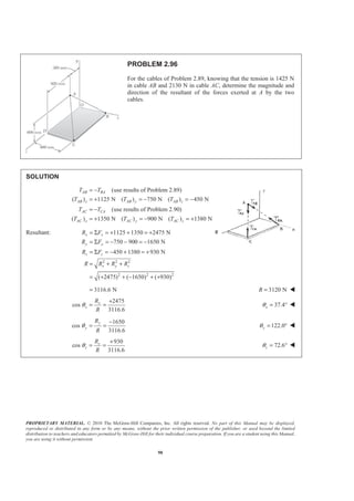 PROPRIETARY MATERIAL. © 2010 The McGraw-Hill Companies, Inc. All rights reserved. No part of this Manual may be displayed,
reproduced or distributed in any form or by any means, without the prior written permission of the publisher, or used beyond the limited
distribution to teachers and educators permitted by McGraw-Hill for their individual course preparation. If you are a student using this Manual,
you are using it without permission.
98
PROBLEM 2.96
For the cables of Problem 2.89, knowing that the tension is 1425 N
in cable AB and 2130 N in cable AC, determine the magnitude and
direction of the resultant of the forces exerted at A by the two
cables.
SOLUTION
(use results of Problem 2.89)
( ) 1125 N ( ) 750 N ( ) 450 N
(use results of Problem 2.90)
( ) 1350 N ( ) 900 N ( ) 1380 N
AB BA
AB x AB y AB z
AC CA
AC x AC y AC z
T T
T T T
T T
T T T
= −
= + = − = −
= −
= + = − = +
Resultant:
2 2 2
2 2 2
1125 1350 2475 N
750 900 1650 N
450 1380 930 N
( 2475) ( 1650) ( 930)
x x
y y
z z
x y z
R F
R F
R F
R R R R
= Σ = + + = +
= Σ = − − = −
= Σ = − + = +
= + +
= + + − + +
3116.6 N= 3120 NR = W
2475
cos
3116.6
x
x
R
R
θ
+
= = 37.4xθ = ° W
1650
cos
3116.6
y
y
R
R
θ
−
= = 122.0yθ = ° W
930
cos
3116.6
z
z
R
R
θ
+
= = 72.6zθ = ° W
 