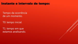 Instante e intervalo de tempo:
Tempo da ocorrência
de um momento.
T0: tempo inicial.
T1: tempo em que
estamos analisando.
 