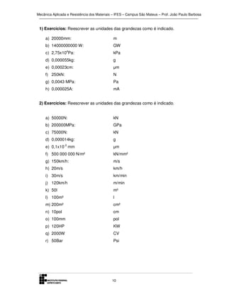 Mecânica Aplicada e Resistência dos Materiais – IFES – Campus São Mateus – Prof. João Paulo Barbosa

1) Exercícios: Reescrever as unidades das grandezas como é indicado.
a) 20000mm:

m

b) 14000000000 W:

GW

c) 2,75x104Pa:

kPa

d) 0,000055kg:

g

e) 0,00023cm:

µm

f) 250kN:

N

g) 0,0043 MPa:

Pa

h) 0,000025A:

mA

2) Exercícios: Reescrever as unidades das grandezas como é indicado.
a) 50000N:

kN

b) 200000MPa:

GPa

c) 75000N:

kN

d) 0,000014kg:

g

e) 0,1x10-3 mm

µm

f) 500 000 000 N/m²

kN/mm²

g) 150km/h:

m/s

h) 20m/s

km/h

i) 30m/s

km/min

j) 120km/h

m/min

k) 50l

m³

l) 100m³

l

m) 200m²

cm²

n) 10pol

cm

o) 100mm

pol

p) 120HP

KW

q) 2000W

CV

r) 50Bar

Psi

10

 