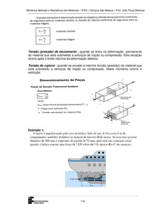 Mecânica Aplicada e Resistência dos Materiais – IFES – Campus São Mateus – Prof. João Paulo Barbosa

Tensão (pressão) de escoamento : quando se entra na deformação permanente
do material que está submetido a esforços de tração ou compressão. Esta situação
ocorre após o limite máxima da deformação elástica
Tensão de ruptura : quando se excede à máxima tensão (pressão) do material que
está submetido a esforços de tração ou compressão. Neste momento ocorre a
estricção.

Exemplo 1:

119

 