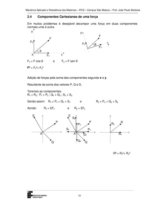 Mecânica Aplicada e Resistência dos Materiais – IFES – Campus São Mateus – Prof. João Paulo Barbosa

2.4

Componentes Cartesianas de uma força

Em muitos problemas é desejável decompor uma força em duas componentes
normais uma à outra.
y
y
F
F
Fy
Fy
x
θ
Fx
θ
o
x
Fx
Fx = F cos θ

e

Fy = F sen θ

F² = Fx²+ Fy²
Adição de forças pela soma das componentes segundo x e y.
Resultante da soma dos vetores P, Q e S.
Teremos as componentes:
Rx + Ry; Px + Py ; Qx + Q y ; Sx + Sy.
Sendo assim:
Aonde:

R x = Px + Q x + Sx

Rx = ΣFx

e

S

S

e

Ry = Py + Qy + Sy

Ry = ΣFy
Sy

P

P

Py
Sx

A

R

Px
A

Q

Ry

Qx
Qy

Rx

Q

R² = Rx²+ Ry²

12

 