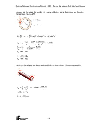 Mecânica Aplicada e Resistência dos Materiais – IFES – Campus São Mateus – Prof. João Paulo Barbosa

Aplicar as fórmulas de torção no regime elástico, para determinar as tensões
tangenciais no eixo BC:

J=

π

(c
2

4
2

)

− c14 =

τ max = τ 2 =

[(0.060) − (0.045) ] = 13.92 ×10
2

π

4

4

−6

m4

TBC c2 (20 kN ⋅ m )(0.060 m )
=
= 86.2 MPa
J
13.92 ×10 −6 m 4
45 mm
τ min
=
86.2 MPa 60 mm

τ min c1
=
τ max c2
τ min = 64.7 MPa

τ max = 86.2 MPa
τ min = 64.7 MPa
Aplicar a fórmula de torção no regime elástico e determinar o diâmetro necessário:

τ max =

Tc Tc
=π 4
J
2 c

− > 65MPa =

6 kN ⋅ m
π 3
2 c

c = 38.9 ×10 −3 m
d = 2c = 77.8 mm

139

 
