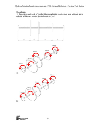Mecânica Aplicada e Resistência dos Materiais – IFES – Campus São Mateus – Prof. João Paulo Barbosa

Exercícios:
1) Determine qual será a Torção Máxima aplicado no eixo que será utilizado para
calcular a Máxima . tensão de cisalhamento (τmax)

a)

b)

141

 
