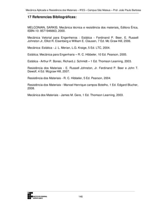 Mecânica Aplicada e Resistência dos Materiais – IFES – Campus São Mateus – Prof. João Paulo Barbosa

17 Referencias Bibliográficas:
MELCONIAN, SARKIS. Mecânica técnica e resistência dos materiais. Editora Érica,
ISBN-10: 8571946663, 2000.
Mecânica Vetorial para Engenheiros : Estática - Ferdinand P. Beer, E. Russell
Johnston Jr, Elliot R. Eisenberg e William E. Clausen, 7 Ed. Mc Graw Hill, 2006.
Mecânica: Estática - J. L. Merian, L.G. Kraige, 5 Ed. LTC, 2004.
Estática; Mecânica para Engenharia – R. C. Hibbeler, 10 Ed. Pearson, 2005.
Estática - Arthur P. Boresi, Richard J. Schmidt – 1 Ed. Thomson Learning, 2003.
Resistência dos Materiais - E. Russell Johnston, Jr. Ferdinand P. Beer e John T.
Dewolf, 4 Ed. Mcgraw Hill, 2007.
Resistência dos Materiais - R. C. Hibbeler, 5 Ed. Pearson, 2004.
Resistência dos Materiais - Manoel Henrique campos Botelho, 1 Ed. Edgard Blucher,
2008.
Mecânica dos Materiais - James M. Gere, 1 Ed. Thomson Learning, 2003.

146

 