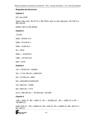 Mecânica Aplicada e Resistência dos Materiais – IFES – Campus São Mateus – Prof. João Paulo Barbosa

Respostas dos Exercícios:
Capitulo 2
3)P. max=240N
5)para João subir: AC=377,9 e AB=755,81 para os dois descerem: AC=726,74 e
AB=1453,48
6)ABC=1907,5 e DE=309,96
Capitulo 3
1)16,5N
2)Mo= -2579,01 N.m
3)Ma= 1414,20 N.m
4)Ma = 19,90 kN.m
5)f = 160 N
6)Ma = - 16,281kN.m
7)Mb = -457.52 N.mm
8)W = 120 N
Capitulo 4
1)A = 7,35 kN e B = 16,65kN
4)A = 11134,10N e B = 12034,81N
5)A = 72,72N e B = 200N
6)A = 5240,80N e B 6535,22N
7)A = 8kN e B = 7,20kN
8)A = 85N e B = 115 N
9) Ax = 296,19N, Bx = - 46,19N e By = 273,20N
Capitulo 5
1)AB = 25kN (T), BD = 25kN (T), AC = -35,35kN (C) , BC = 100kN (T) e CD = 106,06kN (C)
2)AB=12kN (T) , ED= -6,96kN (C), EB= -4kN (C), DC= -6,96kN (C), BD= 4kN (T) e
BC= 8kN (T)
147

 