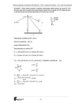 Mecânica Aplicada e Resistência dos Materiais – IFES – Campus São Mateus – Prof. João Paulo Barbosa

Exemplo 1: Dois cabos sujeitos a trações conhecidas estão presos ao ponto A. Um
terceiro cabo AC é usado para sustentação. Determine a tração em AC sabendo que
a resultante das três forças aplicadas em A deve ser vertical.
A
10°

25°

12kN=F2
30kN=F1

20
m

F1 = 30 KN
F2 = 12 KN
Tac= ?

R↨

C

B

15
m

Calculando a distância AC = 25 m.
Como é vertical Rx = ΣFx=0
Logo a Resultante é Ry
Decompondo os vetores XY
F1 = (-30.cos 25° em x e (-30.sen 25° em y
)
)
F2 = (12.sen 10° em x e (-12.cos 10° em y
)
)
TAC = (TAC.sen θ) em x e (-TAC.cos θ) em y (adotado o sentido de

20 θ

25

15

senθ =

15
25

cosθ =

20
25

Rx = ∑ Fx = −30 cos 25° + 12 cos10° + TAC senθ = 0
30 cos 25° - 12 cos 10
= 25,619
sen θ
R y = ∑ Fy = −30sen25° + 12sen10° + TAC cosθ

TAC =

Ry = −35,257 KN

13

TAC)

 
