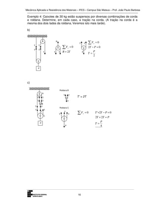 Mecânica Aplicada e Resistência dos Materiais – IFES – Campus São Mateus – Prof. João Paulo Barbosa

Exemplo 4: Caixotes de 30 kg estão suspensos por diversas combinações de corda
e roldana. Determine, em cada caso, a tração na corda. (A tração na corda é a
mesma dos dois lados da roldana, Veremos isto mais tarde).
b)

R
T

T

T

T

T

∑F

y

T

T

T

T

=0

R = 2T

∑F

y

=0

2T − P = 0
P
T=
2

P

P

c)
Roldana B
A
T
T
T
T

T

T

T
T

T’

B
T’
T’

T’ = 2T

T
C

Roldana C
T’
T

T

∑F

y

=0

T '+2T − P = 0
2T + 2T = P
P
T=
4

P
P

16

 