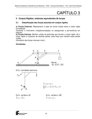 Mecânica Aplicada e Resistência dos Materiais – IFES – Campus São Mateus – Prof. João Paulo Barbosa

CAPÍTULO 3
3 Corpos Rígidos: sistemas equivalentes de forças
3.1

Classificação das forças atuantes em corpos rígidos

a) Forças Externas: Representam a ação de outros corpos sobre o corpo rígido
considerado.
Causarão o movimento (rotação/translação) ou assegurarão a permanência em
repouso.
b) Forças Internas: Mantém unidas as partículas que formam o corpo rígido. Se o
corpo rígido é composto de diversas partes, essa força que mantém estas partes
unidas.
(Somatório das forças internas é zero)
Guindastes:

D

C

E

F

B
G

P

Barras:
BE , DCEF , ABC.

A

D.C.L. Guindaste (estrutura)
TDG

P

A = Ax i + Ay j

Ax
A

Ay

∑F

ext

= A + P + T DG = 0

D.C.L. da Barra BE

D.C.L. da Barra ABC

F BE = − F EB

C = C xi + C y j

20

 