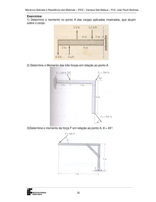 Mecânica Aplicada e Resistência dos Materiais – IFES – Campus São Mateus – Prof. João Paulo Barbosa

Exercícios:
1) Determine o momento no ponto A das cargas aplicadas mostrados, que atuam
sobre o corpo.

2) Determine o Momento das três forças em relação ao ponto A.

3)Determine o momento da força F em relação ao ponto A. θ = 45°
.

25

 