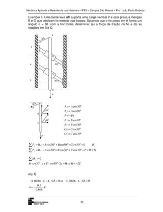 Mecânica Aplicada e Resistência dos Materiais – IFES – Campus São Mateus – Prof. João Paulo Barbosa

Exemplo 6: Uma barra leve AD suporta uma carga vertical P e esta presa a mangas
B e C que deslizam livremente nas hastes. Sabendo que o fio preso em A forma um
ângulo α = 30 com a horizontal, determine: (a) a força de tração no fio e (b) as
reações em B e C.
A
30°

a

B

a

30°

C
a

30°

D
P

30°

Ax = A cos 30°

A
60°
B

P = − Py
60°

C

Bx = Bsen30°
By = B cos 30°

P

∑F
∑F

Ay = Asen30°

Cx = Csen30°
Cy = C cos 30°

x

= 0 ∴ − A cos 30° + Bsen30° + Csen30° = 0

y

= 0 ∴ − Asen30° + B cos 30° + C cos 30° − P = 0 (2)

∑M

A

=0

B ⋅ sen30° ⋅ a + C ⋅ sen30° ⋅ 2a = 0 ⇒ B = −2C
eq (1)
− A ⋅ 0,866 − C + C ⋅ 0,5 = 0 ⇒ − A ⋅ 0,866 − C ⋅ 0,5 = 0
A= −

0,5
⋅C
0,866

35

(1)

 