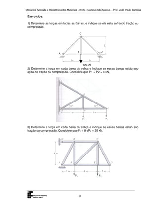 Mecânica Aplicada e Resistência dos Materiais – IFES – Campus São Mateus – Prof. João Paulo Barbosa

Exercícios:
1) Determine as forças em todas as Barras, e indique se ela esta sofrendo tração ou
compressão.

2) Determine a força em cada barra da treliça e indique se essas barras estão sob
ação de tração ou compressão. Considere que P1 = P2 = 4 kN.

3) Determine a força em cada barra da treliça e indique se essas barras estão sob
tração ou compressão. Considere que P1 = 0 eP2 = 20 kN.

55

 