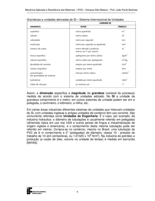 Mecânica Aplicada e Resistência dos Materiais – IFES – Campus São Mateus – Prof. João Paulo Barbosa

Grandezas e unidades derivadas de SI – Sistema Internacional de Unidades

Assim, a dimensão especifica a magnitude da grandeza (variável do processo)
medida de acordo com o sistema de unidades adotado. No SI a unidade da
grandeza comprimento é o metro, em outros sistemas de unidade podem ser em a
polegada, o centímetro, o kilômetro, a milha, etc.
Em várias áreas industriais diferentes sistemas de unidades que misturam unidades
do SI, com unidades inglesas e antigas unidades de comércio têm uso corrente. São
comumente referidas como Unidades de Engenharia. É o caso, por exemplo, da
indústria hidráulica: o diâmetro de tubulações é usualmente referido em polegadas
(dimensão típica em uso nos USA e outros países de língua e industrialização de
origem inglesa e americana), e o comprimento desta mesma tubulação pode ser
referido em metros. Compra-se no comércio, mesmo no Brasil, uma tubulação de
PVC de 6 m comprimento e 2” (polegadas) de diâmetro, classe 10 - pressão de
trabalho de 10 atm (atmosferas, ou 1.01325 x 106 N/m2). Na indústria do petróleo a
produção (a vazão de óleo, volume na unidade de tempo) é medida em barris/dia
[bbl/dia].

4

 