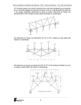 Mecânica Aplicada e Resistência dos Materiais – IFES – Campus São Mateus – Prof. João Paulo Barbosa

21) A treliça suporta uma rampa (mostrada com uma linha tracejada) que se estende
de um nível de chegada fixo próximo ao ponto F até um nível de saída fixo perto de
J. As cargas mostradas representam o peso da rampa. Determine as forças nos
elementos BH e CD e indique se eles estão sob tração ou compressão.

22) Determine as forças nos elementos CD, CF e CG e indique se eles estão sob
tração ou compressão.

23) Determine as forças nos elementos DE, EI, FI e HI da treliça do telhado em arco
e indique se eles estão sob tração ou compressão.

61

 