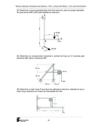 Mecânica Aplicada e Resistência dos Materiais – IFES – Campus São Mateus – Prof. João Paulo Barbosa

24) Determinar a força suportada pelo pino B da estrutura, para as cargas aplicadas.
As duas barras ABC e BD estão ligadas por este pino.

30

25) Determine os componentes horizontal e vertical da força em C exercida pelo
elemento ABC sobre o elemento CEF.

26) Determine a maior força P que deve ser aplicada à estrutura, sabendo-se que a
maior força resultante em A deve ter intensidade de 2 kN.

62

 