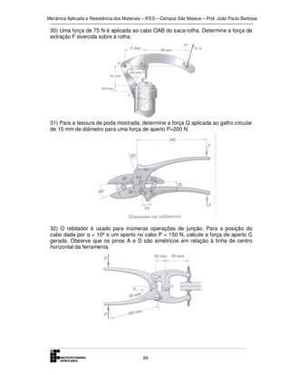 Mecânica Aplicada e Resistência dos Materiais – IFES – Campus São Mateus – Prof. João Paulo Barbosa

30) Uma força de 75 N é aplicada ao cabo OAB do saca-rolha. Determine a força de
extração F exercida sobre a rolha.

31) Para a tesoura de poda mostrada, determine a força Q aplicada ao galho circular
de 15 mm de diâmetro para uma força de aperto P=200 N.

32) O rebitador é usado para inúmeras operações de junção. Para a posição do
cabo dada por α = 10º e um aperto no cabo P = 150 N, calcule a força de aperto C
gerada. Observe que os pinos A e D são simétricos em relação à linha de centro
horizontal da ferramenta.

64

 
