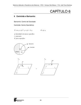 Mecânica Aplicada e Resistência dos Materiais – IFES – Campus São Mateus – Prof. João Paulo Barbosa

CAPÍTULO 6
6 Centróide e Baricentro
Baricentro: Centro de Gravidade
Centróide: Centro Geométrico
P = m ⋅ g = ρ ⋅V ⋅ g = ρ ⋅ t ⋅ A ⋅ g

δ = ρ ⋅g

ρ : densidade da massa específica
t : espessura

δ : peso específico

Baricentro
Centróide

Madeira

Aço

y

y
∆P

P

x
y

x
G

x

y

=

z

z

66

x

 