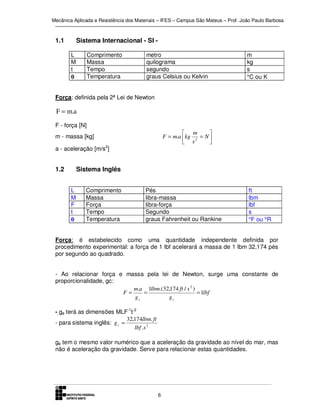 Mecânica Aplicada e Resistência dos Materiais – IFES – Campus São Mateus – Prof. João Paulo Barbosa

1.1

Sistema Internacional - SI L
M
t
θ

Comprimento
Massa
Tempo
Temperatura

metro
quilograma
segundo
graus Celsius ou Kelvin

m
kg
s
°C ou K

Força: definida pela 2ª Lei de Newton

F = m.a
F - força [N]

 m

F = m.a kg 2 = N 
 s


m - massa [kg]
a - aceleração [m/s2]

1.2

Sistema Inglês
L
M
F
t
θ

Comprimento
Massa
Força
Tempo
Temperatura

Pés
libra-massa
libra-força
Segundo
graus Fahrenheit ou Rankine

ft
lbm
lbf
s
°F ou °R

Força: é estabelecido como uma quantidade independente definida por
procedimento experimental: a força de 1 lbf acelerará a massa de 1 lbm 32,174 pés
por segundo ao quadrado.
- Ao relacionar força e massa pela lei de Newton, surge uma constante de
proporcionalidade, gc:
m.a 1lbm.(32,174 ft / s 2 )
F=
=
= 1lbf
gc
gc
- gc terá as dimensões MLF-1t-2
32,174lbm. ft
- para sistema inglês: g c =
lbf .s 2
gc tem o mesmo valor numérico que a aceleração da gravidade ao nível do mar, mas
não é aceleração da gravidade. Serve para relacionar estas quantidades.

6

 